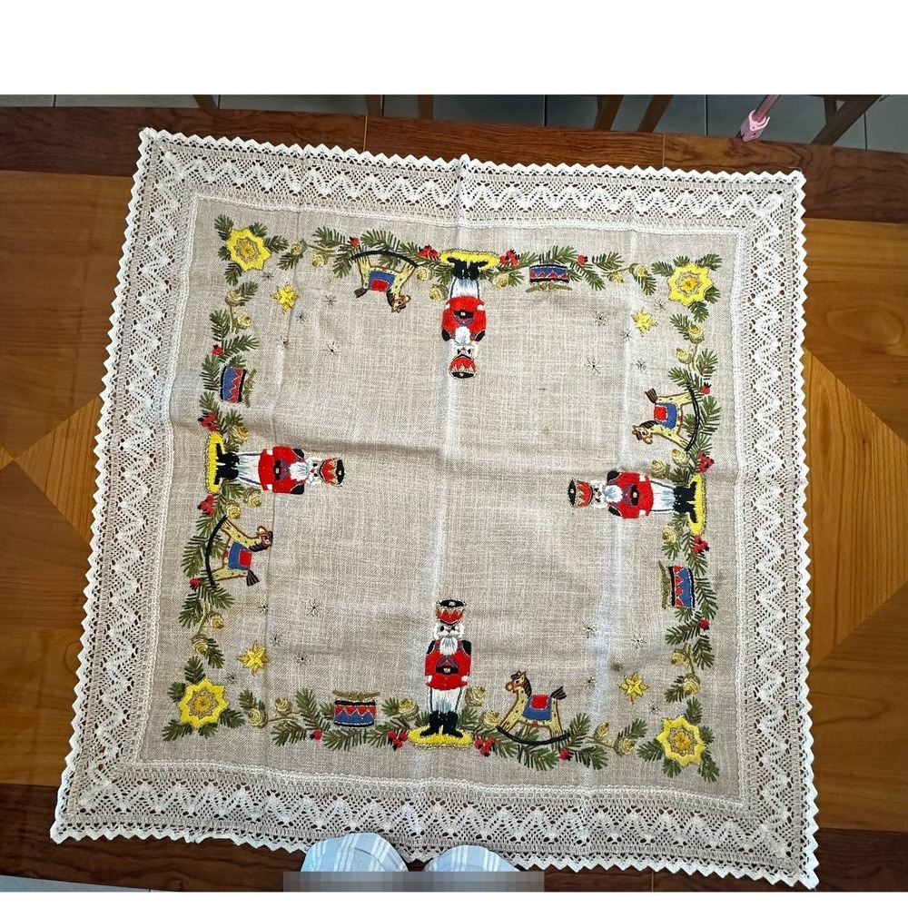 Vintage‎ Christmas Nutcracker Rocking Horse Embroidered Lace Square Tablecloth